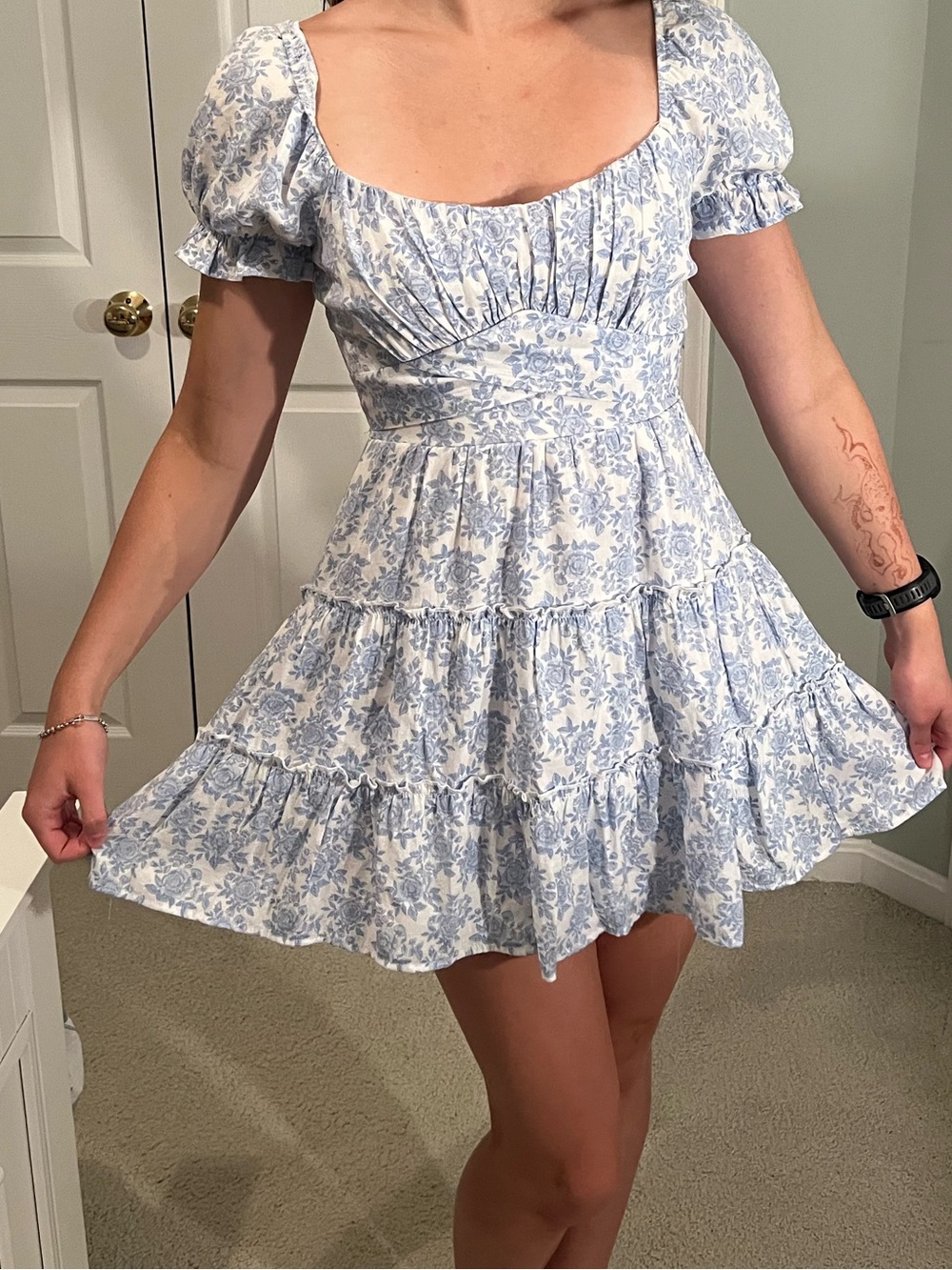 Trixxi White Dress with Blue Floral Print